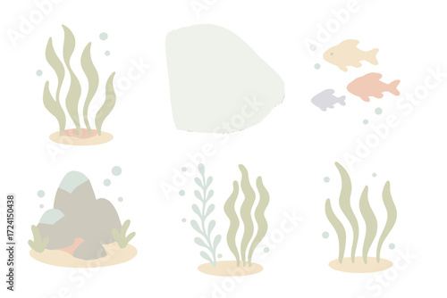 Ocean Forest Icons. Isometric vector illustration set Ocean forest scenery: swaying kelp, sunlight rays, colorful fish, rocky