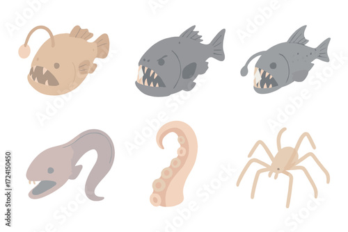 Abyssal Sea Creatures. Isometric vector illustration set Abyssal predators: anglerfish, fangtooth fish, viperfish, gulper eel,