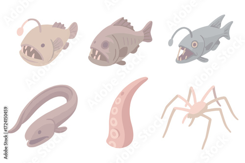 Abyssal Sea Creatures. Isometric vector illustration set Abyssal predators: anglerfish, fangtooth fish, viperfish, gulper eel,
