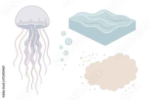 Ocean Drift Jellyfish. Isometric vector illustration set Ocean drift jellyfish: translucent bell, floating tentacles, bubble trail