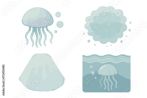 Ocean Drift Jellyfish. Isometric vector illustration set Ocean drift jellyfish: translucent bell, floating tentacles, bubble trail