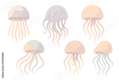 Artistic Jellyfish Vector. Isometric vector illustration set Artistic jellyfish designs: geometric jellyfish, abstract tentacle