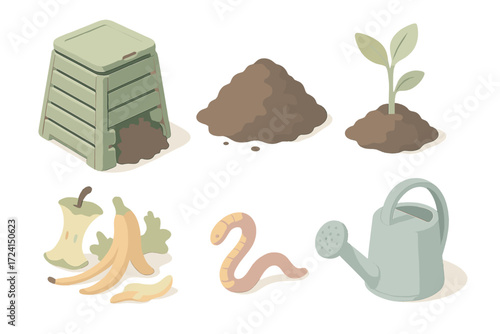 Organic Waste Cycle. Isometric vector illustration set Organic waste cycle: compost bin, garden soil, sprouting plant, food waste,