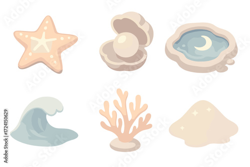 Mythical Starfish Icons. Isometric vector illustration set Mythical starfish: glowing starfish, enchanted pearl, moonlit tide pool