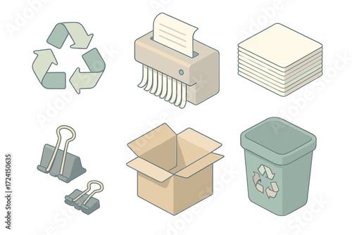 Office Recycling Icons. Isometric vector illustration set Office recycling: recycle symbol, paper shredder, printer paper stack,