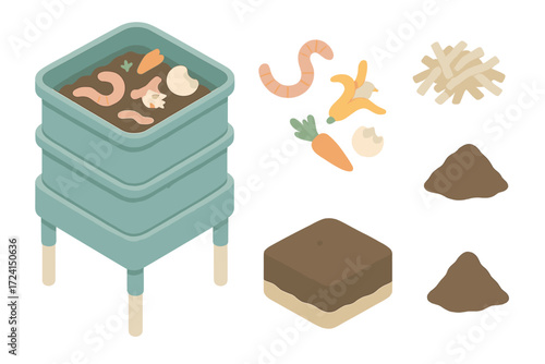 Worm Composting Icons. Isometric vector illustration set Worm composting: worm bin, composting worms, food scraps, shredded