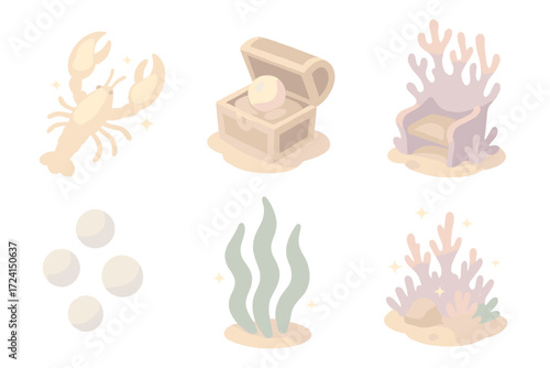 Fantasy Lobster Realm. Isometric vector illustration set Fantasy lobster scene: glowing lobster, pearl treasure, coral throne,