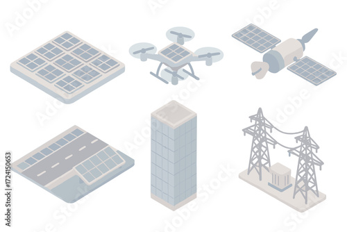Futuristic Solar Innovations. Isometric vector illustration set Futuristic solar: floating solar farm, solar drone, space