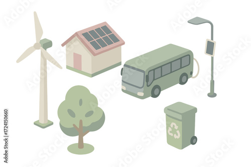 Sustainable City Icons. Isometric vector illustration set Green city energy: wind turbine, rooftop solar, electric bus, smart