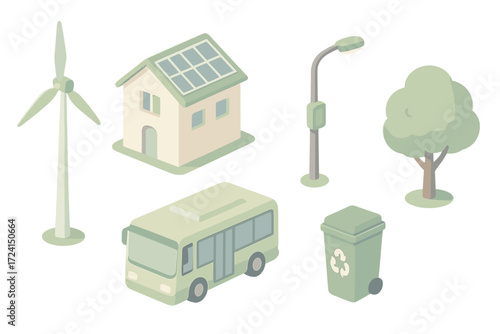 Sustainable City Icons. Isometric vector illustration set Green city energy: wind turbine, rooftop solar, electric bus, smart