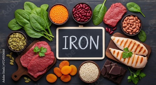 Top view of assortment of iron rich foods with chalkboard centered text