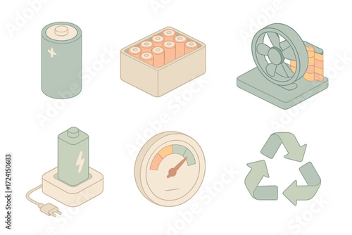 Battery Tech Icons. Isometric vector illustration set Battery technology: lithium-ion cell, battery module, cooling system,
