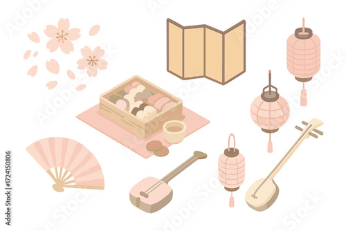 Cultural Spring Festival. Isometric vector illustration set Cultural spring festival: cherry blossom petals, folding screen,