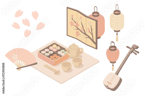 Cultural Spring Festival. Isometric vector illustration set Cultural spring festival: cherry blossom petals, folding screen,