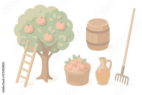 Traditional Harvest Icons. Isometric vector illustration set Traditional fruit harvest: orchard apple tree, ladder against trunk,