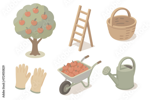 Seasonal Fruit Harvest. Isometric vector illustration set Seasonal fruit picking: apple orchard tree, wooden ladder, wicker basket