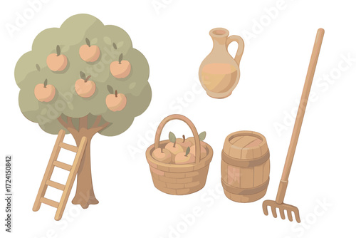 Traditional Harvest Icons. Isometric vector illustration set Traditional fruit harvest: orchard apple tree, ladder against trunk,