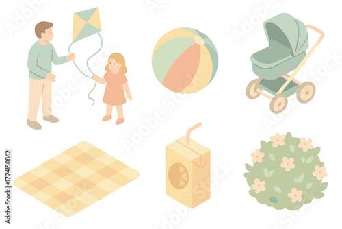 Family Park Fun. Isometric vector illustration set Family park fun: kite flying, child’s toy ball, stroller, picnic mat, juice box