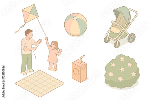 Family Park Fun. Isometric vector illustration set Family park fun: kite flying, child’s toy ball, stroller, picnic mat, juice box