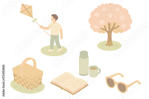 Isometric Park Elements. Isometric vector illustration set Park leisure moment: kite flying, wicker basket, open book, thermos cup