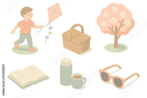 Isometric Park Elements. Isometric vector illustration set Park leisure moment: kite flying, wicker basket, open book, thermos cup