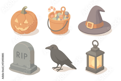 Pastel Halloween Icons. Isometric vector illustration set Trick-or-treat evening: carved pumpkin lantern, candy bucket, witch hat,