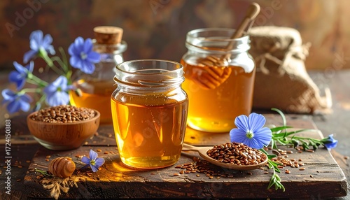 Honey and flaxseed oil in jars, natural setting