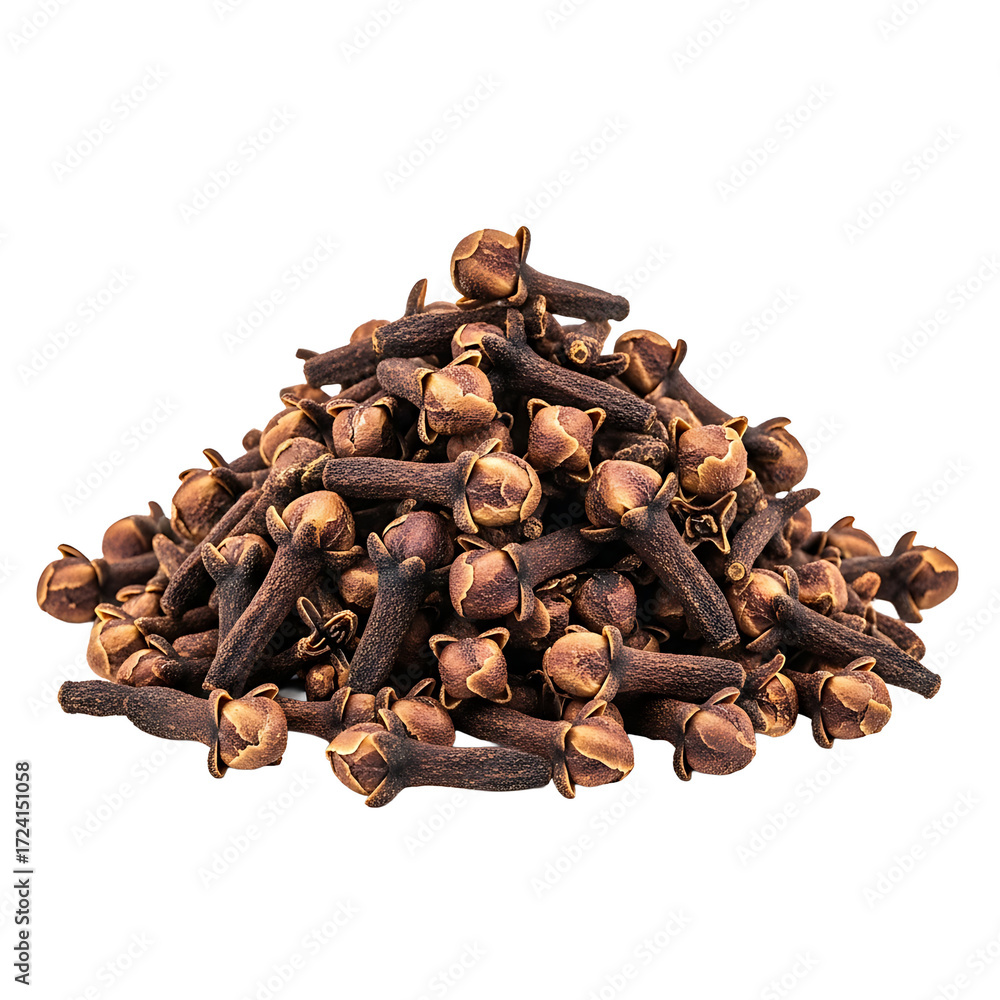 Obraz premium Pile of whole aromatic cloves a spice derived from dried flower buds of the clove tree showing stems and budded tops