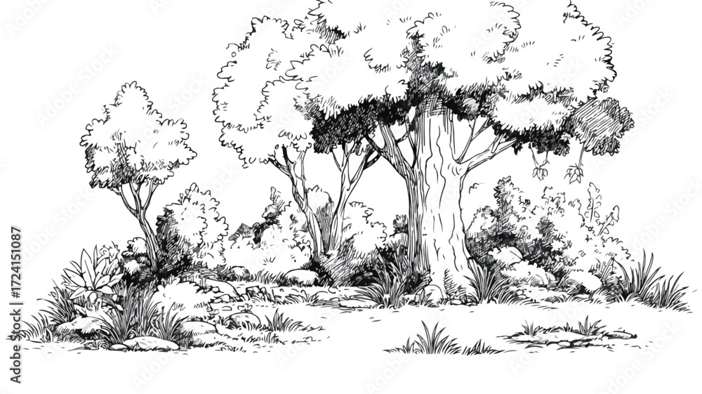 Fototapeta premium Whimsical Cartoon Forest with Trees and Bush - Nature Illustration for Designs