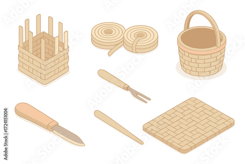 Basket Weaving Essentials. Isometric vector illustration set Craft of weaving: basket weave reed handmade, reed rolls, knife,