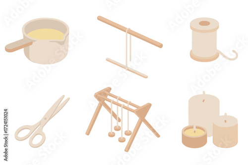 Candle Making Essentials. Isometric vector illustration set Homemade candle process: pot with wax, dipping sticks, wick spool,