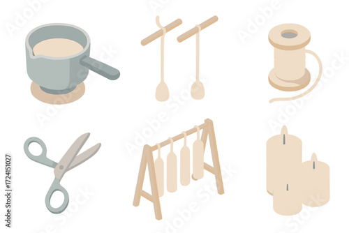 Candle Making Essentials. Isometric vector illustration set Homemade candle process: pot with wax, dipping sticks, wick spool,