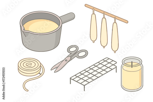 Candle Making Tools. Isometric vector illustration set Candle dipping tools: pot with melted tallow, dipping sticks, wick roll,