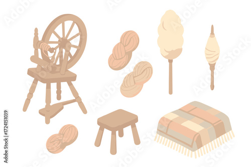 Spinning Craft Essentials. Isometric vector illustration set Cottage spinning craft: spinning wheel yarn thread, wool distaff,