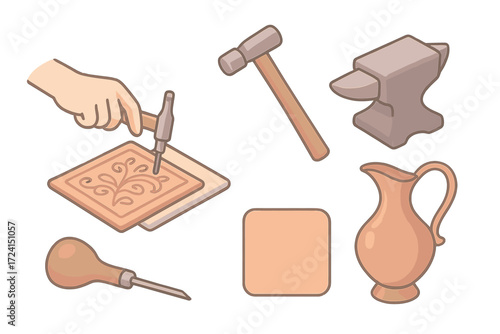 Artisan Copper Workshop. Isometric vector illustration set Artisan copper workshop: coppersmith metal tool etch, chasing hammer,