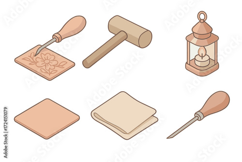 Rustic Copper Workshop. Isometric vector illustration set Rustic copper workshop: coppersmith metal tool etch, copper sheet,