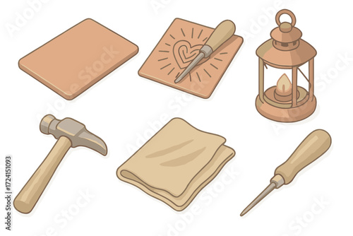 Rustic Copper Workshop. Isometric vector illustration set Rustic copper workshop: coppersmith metal tool etch, copper sheet,