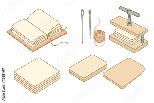 Bookbinding Tools Illustration. Isometric vector illustration set Historic binding process: bookbind cover stitch page, sewing