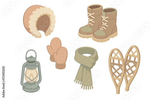 Winter Explorer Gear. Isometric vector illustration set Winter explorer gear: fur parka hood warm, insulated boots, mittens, wool
