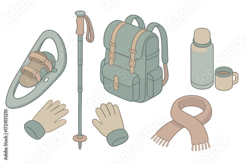 Winter Trekking Gear. Isometric vector illustration set Winter trekking tools: snowshoe walk distribute weight, hiking pole,