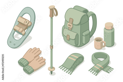 Winter Trekking Gear. Isometric vector illustration set Winter trekking tools: snowshoe walk distribute weight, hiking pole,