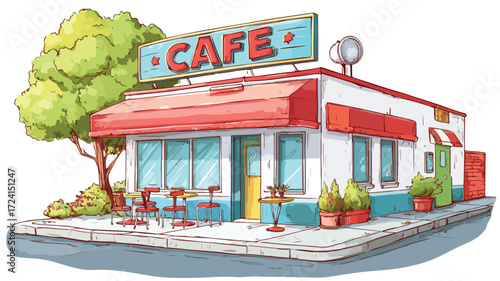 Charming Cartoon Illustration Cafe with Sign - Ideal for Marketing Materials