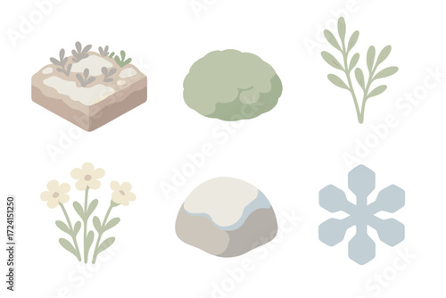 Polar Vegetation Icons. Isometric vector illustration set Polar vegetation icons: frozen tundra permafrost plant, cushion moss,