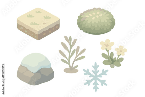 Polar Vegetation Icons. Isometric vector illustration set Polar vegetation icons: frozen tundra permafrost plant, cushion moss,