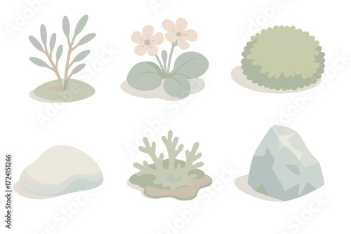 Extreme Climate Flora Icons. Isometric vector illustration set Extreme climate plants: frozen tundra permafrost plant, saxifrage