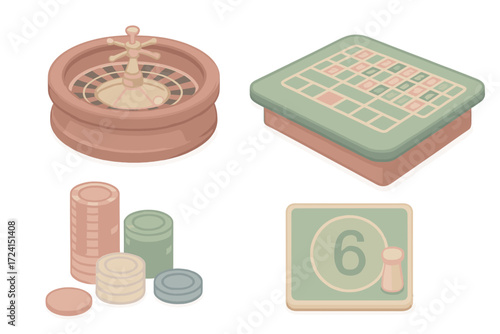 Roulette Wheel Icons. Isometric vector illustration set Wheel of chance set: roulette wheel ball casino, wooden table, green felt