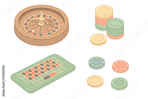 Roulette Game Setup. Isometric vector illustration set Roulette game setup: roulette wheel ball casino, red and black numbered