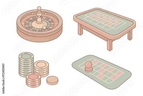Roulette Wheel Icons. Isometric vector illustration set Wheel of chance set: roulette wheel ball casino, wooden table, green felt