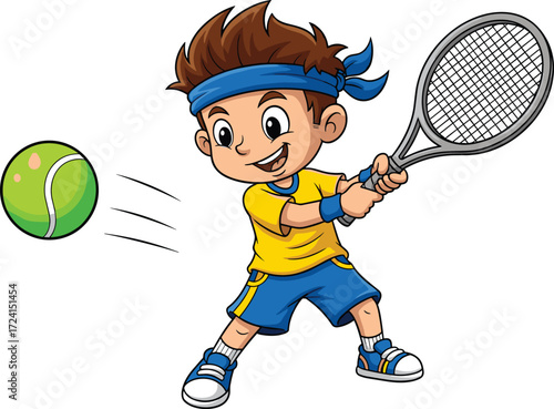 tennis, boy, cartoon, racket, ball, sport, action, kid, vector, smile, shorts, shirt, headband, sneakers, game, tennis player, cartoon boy, sports action, yellow shirt, blue shorts, tennis racket, hap
