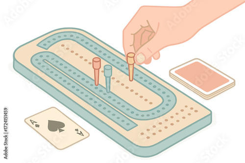 Pegboard Game Icons. Isometric vector illustration set Pegboard game scene: cribbage peg board points, row of holes, two peg